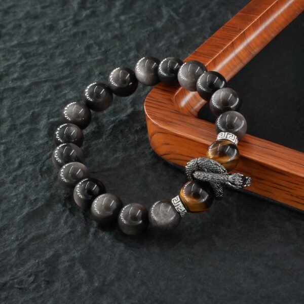 Vanying Stone Carved Coiling Dragon Tiger's Eye & Golden Sheen Obsidian Bracelet