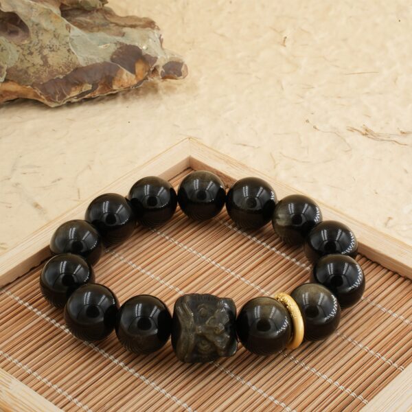 Vanying Stone Awakening Lion 14mm Golden Sheen Obsidian Bracelet