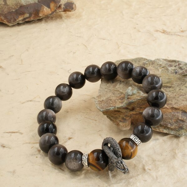 Vanying Stone Carved Coiling Dragon Tiger's Eye & Golden Sheen Obsidian Bracelet